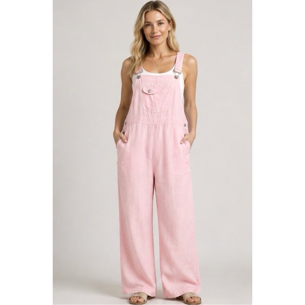 Chadwicks 100% Linen Overalls Jumpsuit Wide Leg Coastal Pink SZ 12